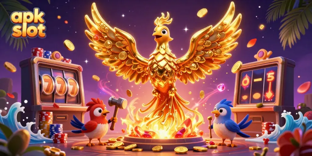 Experience the thrill of the apk slot with golden phoenix and dynamic casino elements in this vibrant scene.