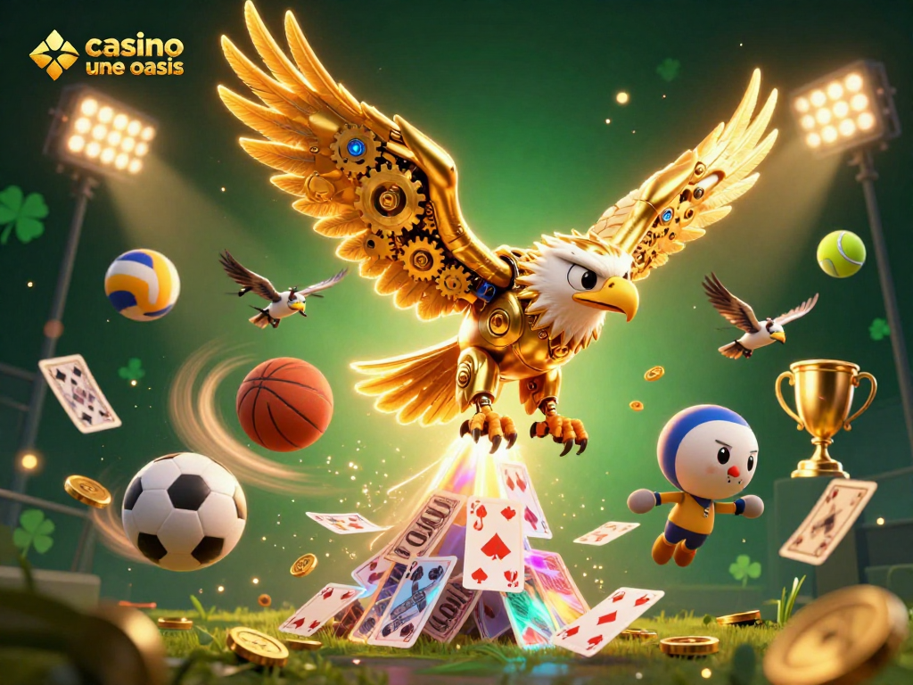 Generate winnings at casino ohne oasis with dynamic sports and gambling elements illustrated in 3D art.