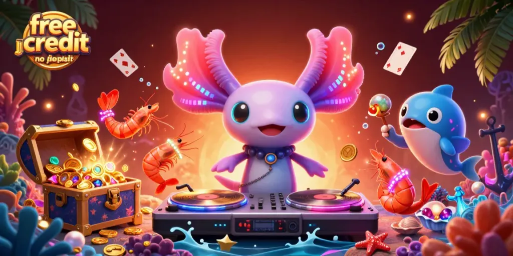 Celebrate free credit no deposit joylink with a lively underwater casino party featuring neon axolotl DJ.