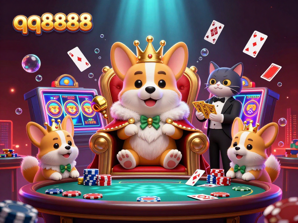 Engage with qq8888 in a vibrant 3D casino scene featuring a royal corgi and playful elements.