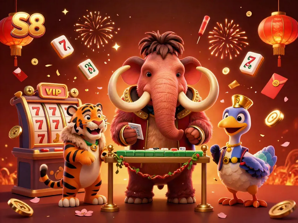 Experience the excitement with S8 at a vibrant casino scene featuring a woolly mammoth bouncer and festive decorations.