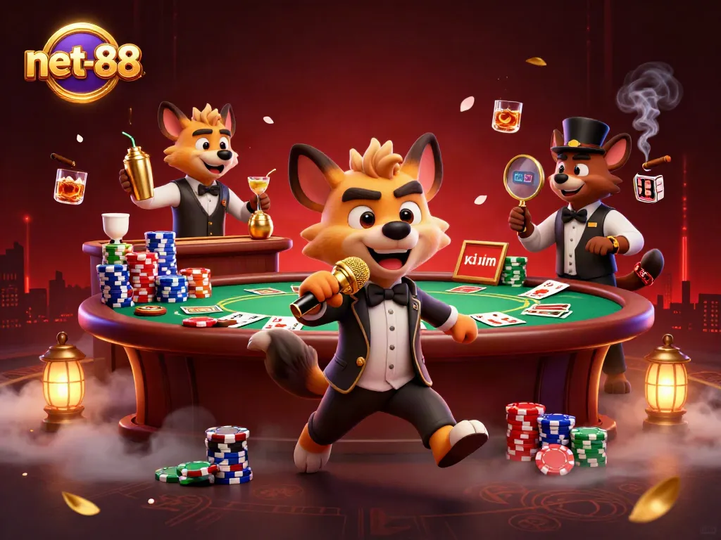 Experience the excitement at net-88 with a lively casino scene featuring hyenas in action, mixing, and entertaining.