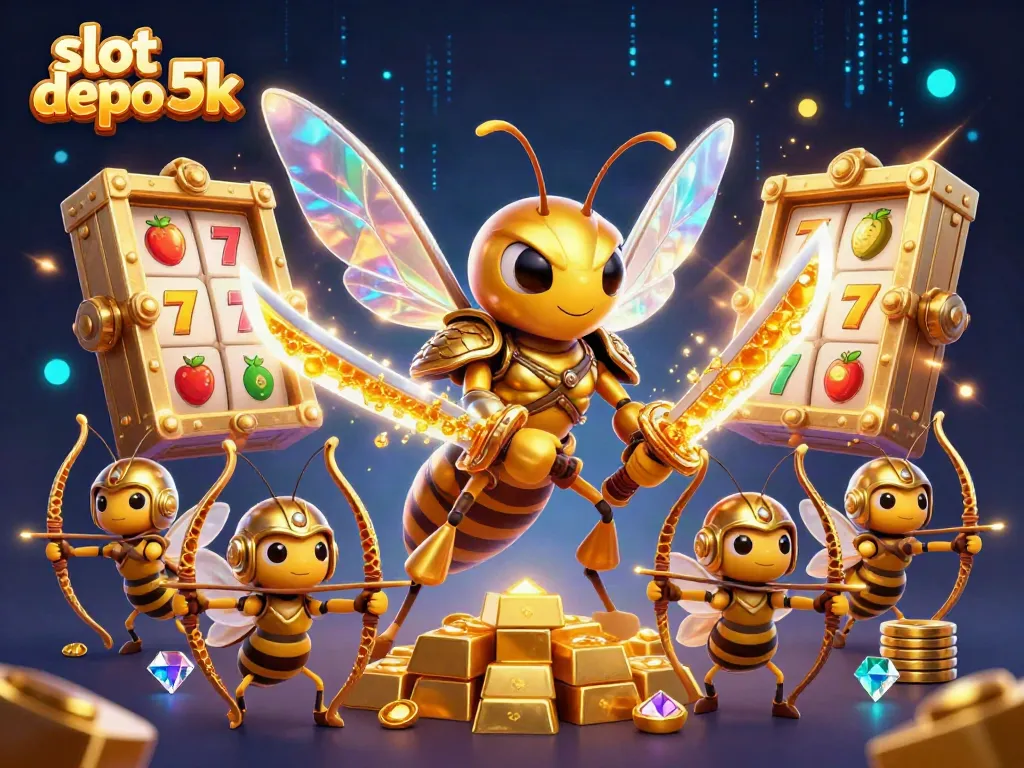 Engage with slot depo 5k's exciting slot gaming adventure in a colorful and dynamic 3D scene.