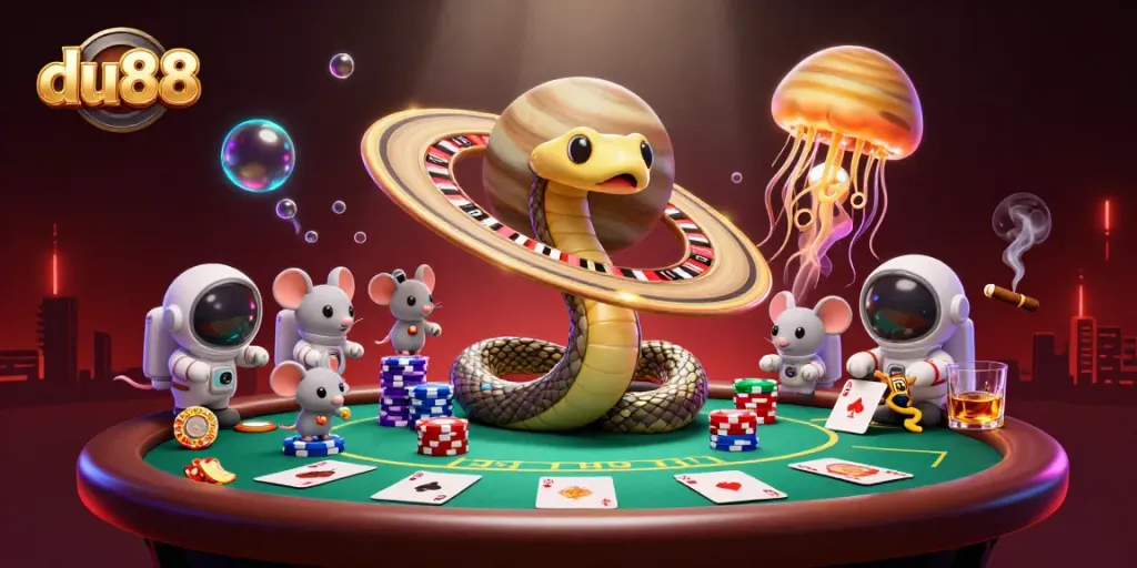 Engage in thrilling bets at du88 with a vibrant cosmic casino scene featuring animated characters.