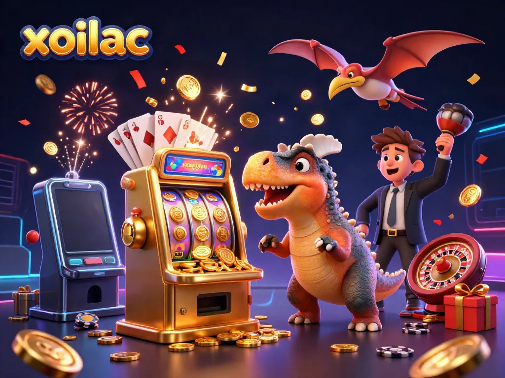 Xoilac captures fun in gambling, featuring cartoon dinosaurs and a golden slot machine.