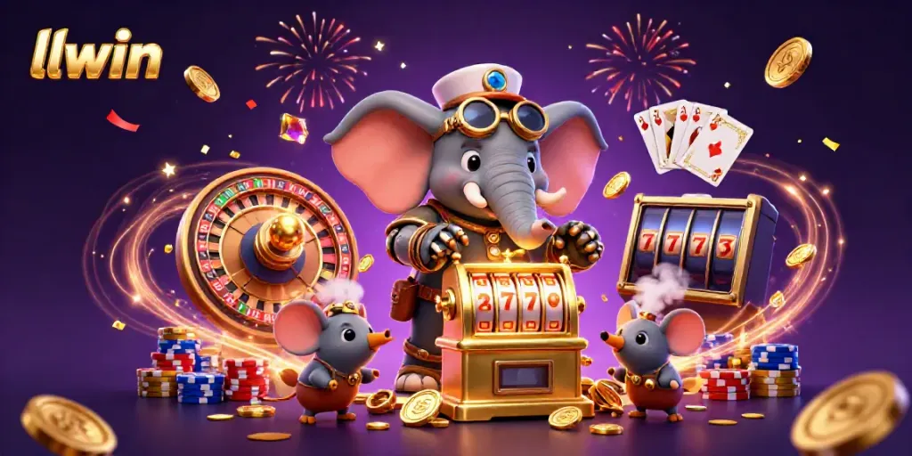 Experience llwin's vibrant online casino with a steampunk elephant engineer operating a dynamic slot machine.