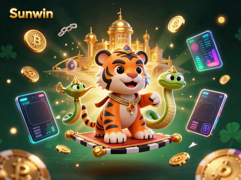 Engage with Sunwin's vibrant online casino environment showcasing a magical sultan and crypto elements.
