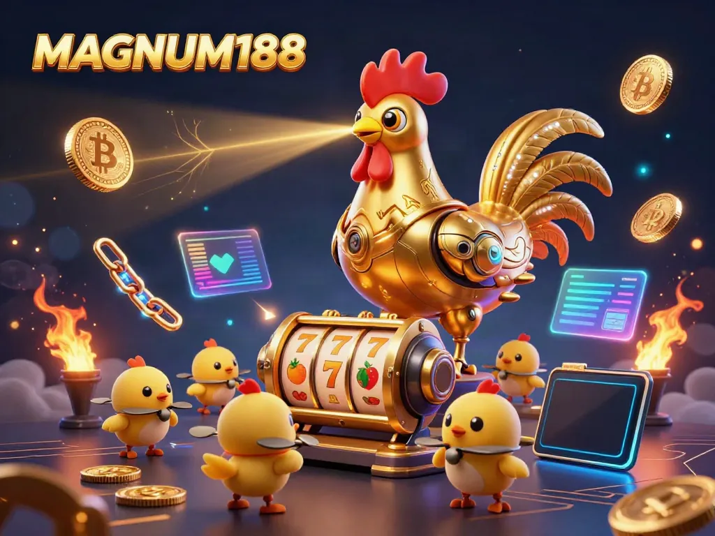 Engage in winning strategies with MAGNUM188's golden rooster robot and lively baby chick drones.