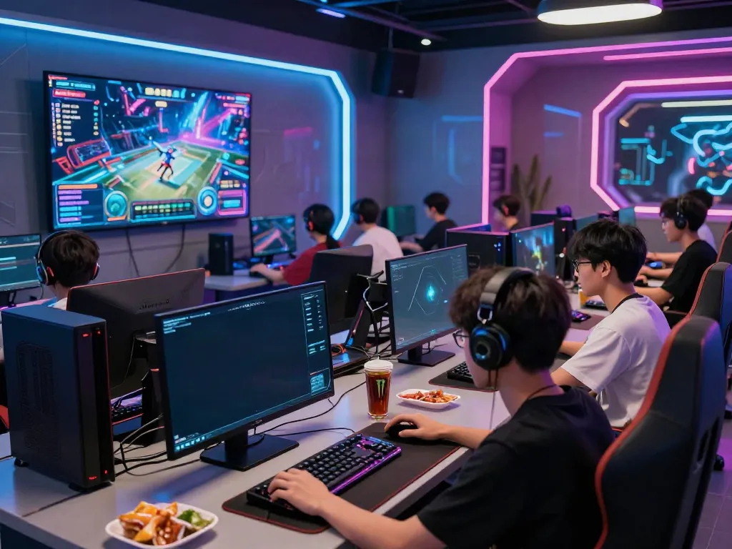 Players engaging in thrilling games at luxury111's cosmic gaming lounge, showcasing high-tech consoles and vibrant atmosphere.