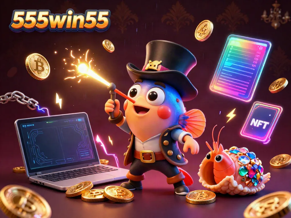 Engage with 555win55 in a vibrant underwater scene featuring a deep-sea anglerfish and pirate shrimp.