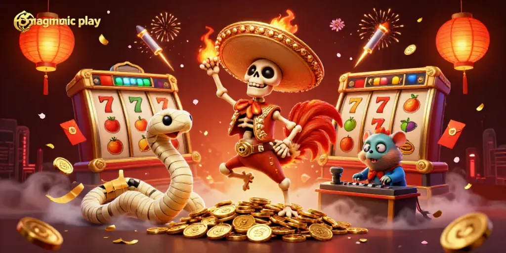 Ilustrasi kasino 3D yang menampilkan pragmatic play dengan karakter unik dan simbol permainan di sekelilingnya.