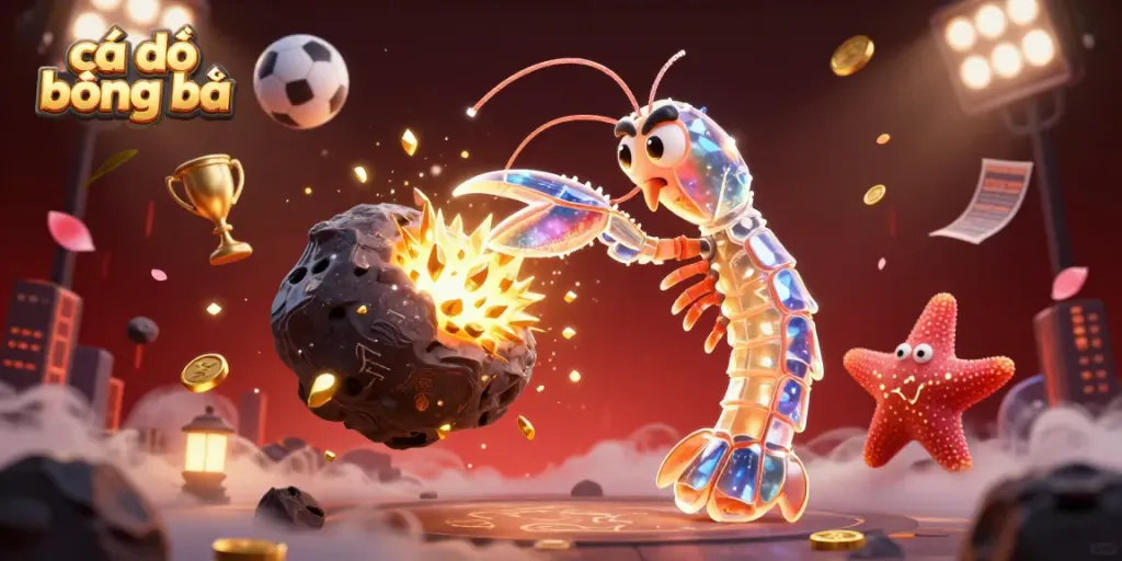Cá độ bóng đá illustrated scene with a galactic samurai shrimp amidst sports elements.