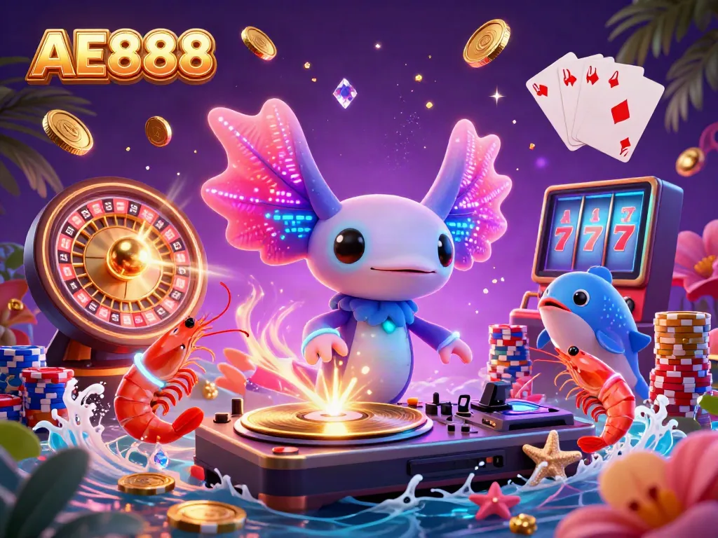 Experience AE888's vibrant casino atmosphere with a neon axolotl DJ and lively underwater casino scene.