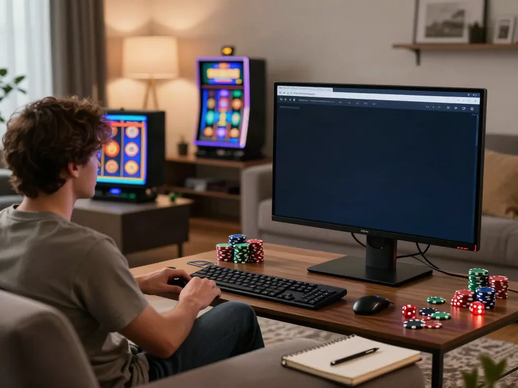 Casino Bonus ohne Einzahlung auf Smartphone in einem gemütlichen Wohnzimmer mit Spielgrafiken und Casino-Elementen.