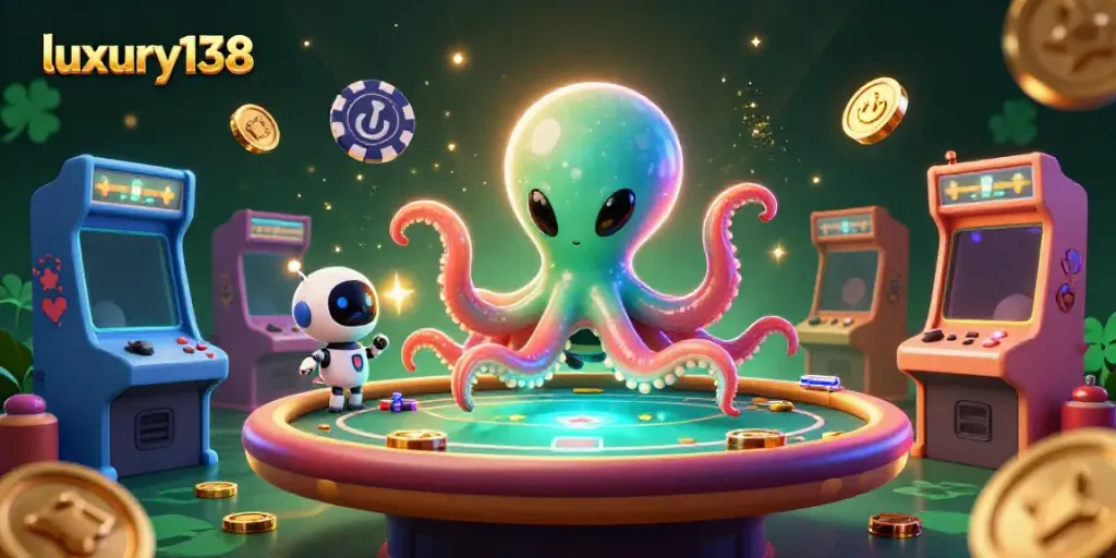 Experience luxury138 gaming with a vibrant alien octopus and poker scene packed with excitement.