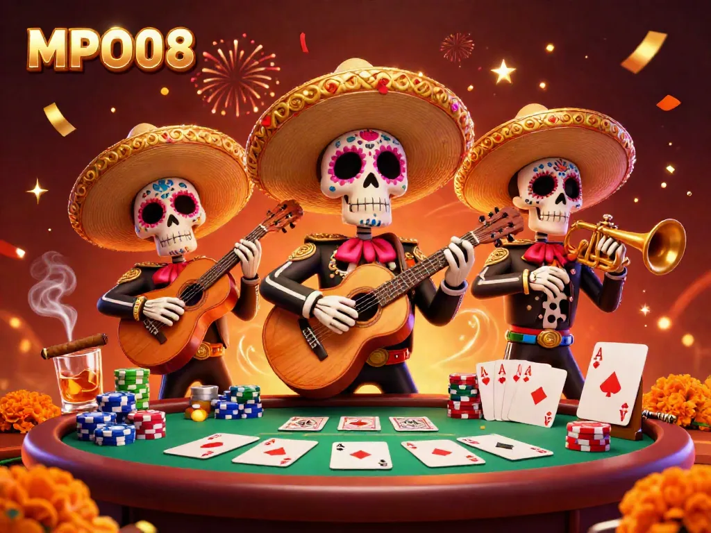 Engage with MPO08's vibrant visual showcasing a mariachi band amidst a lively poker scene.