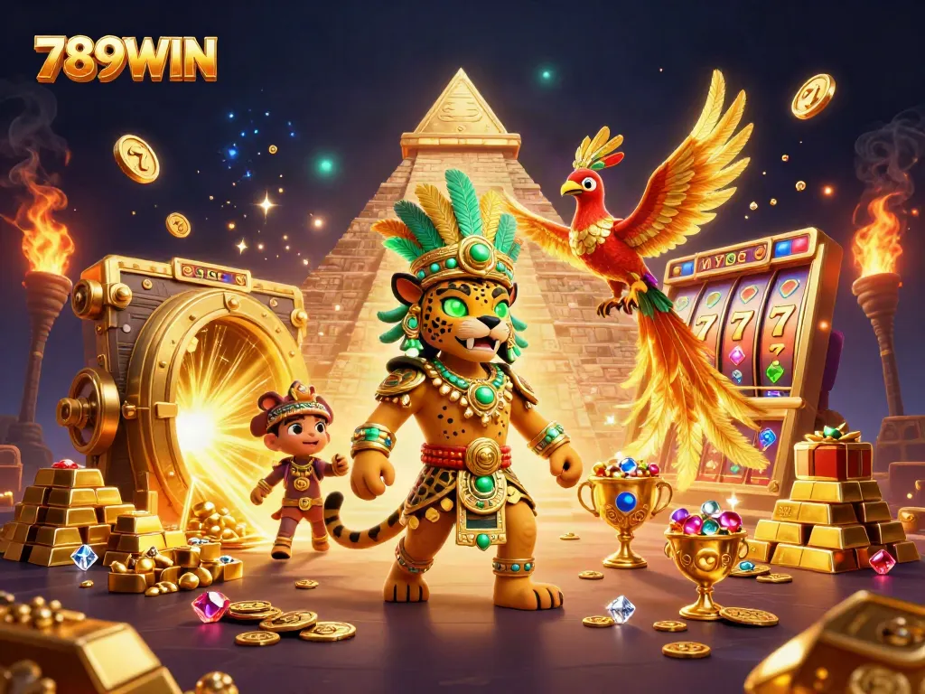 Experience thrilling slots action with the vibrant characters of 789WIN in a dazzling 3D casino scene.