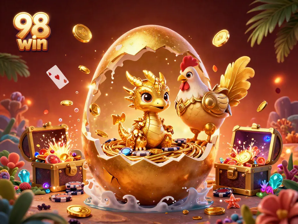 Engage players at 98 win with a captivating scene of a golden dragon and treasure in a thrilling casino setting.