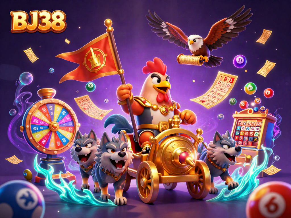 Experience exciting gaming adventures with BJ38 through vibrant lottery balls and animated characters.