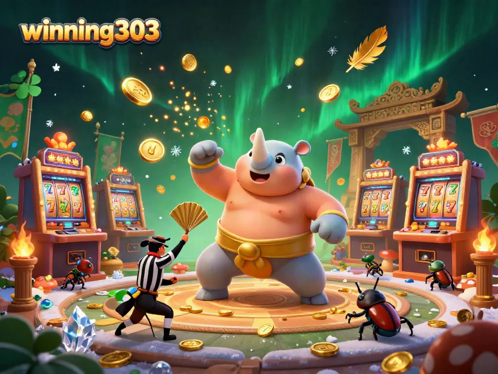 Winning303's vibrant slot gaming scene featuring a rhinoceros beetle champion and golden coins in a dynamic arena.
