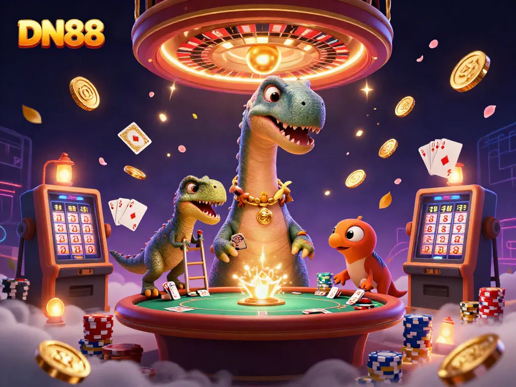 Experience the vibrant world of DN88 with a brontosaurus dealer and dynamic casino elements