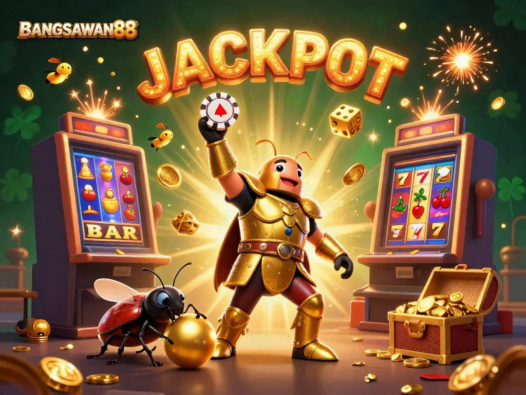 BANGSAWAN88 brings excitement with a victorious beetle in a dynamic casino scene packed with jackpots.