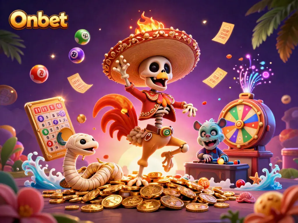 Engage with Onbet in a vibrant 3D scene featuring lottery games and festive characters.