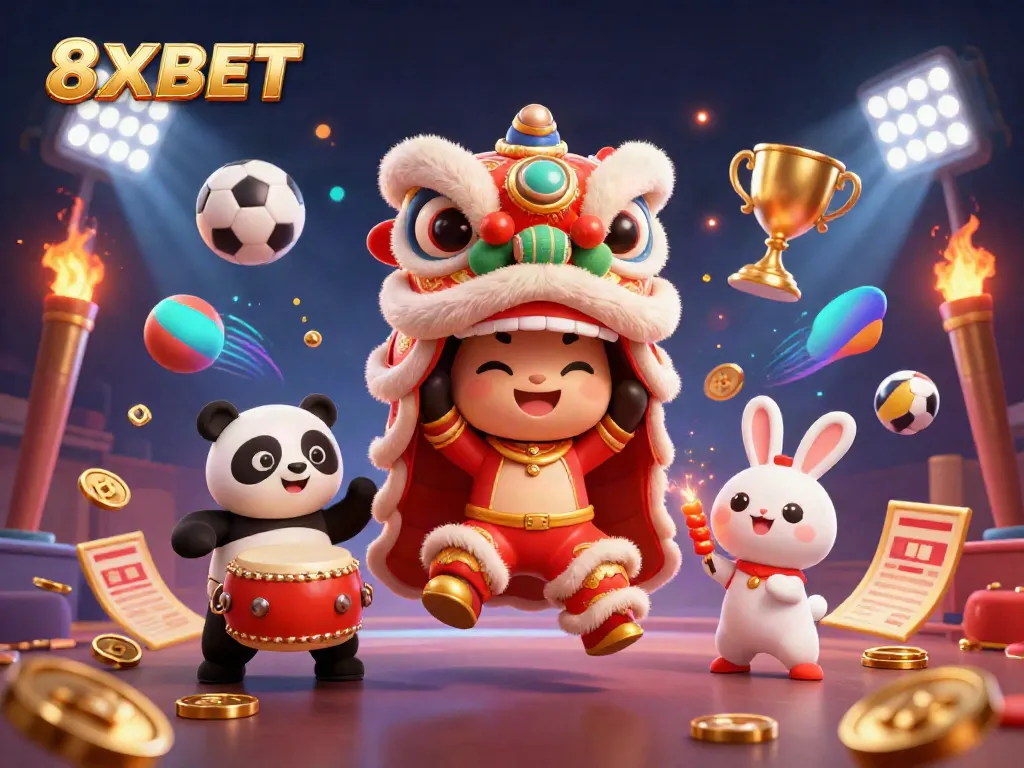 Experience thrilling gaming moments with 8XBET in this vibrant 3D illustration.