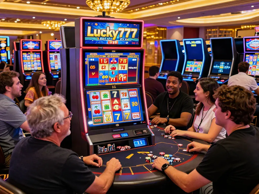 Excited players enjoying the Lucky777 slot machine in a vibrant casino atmosphere.