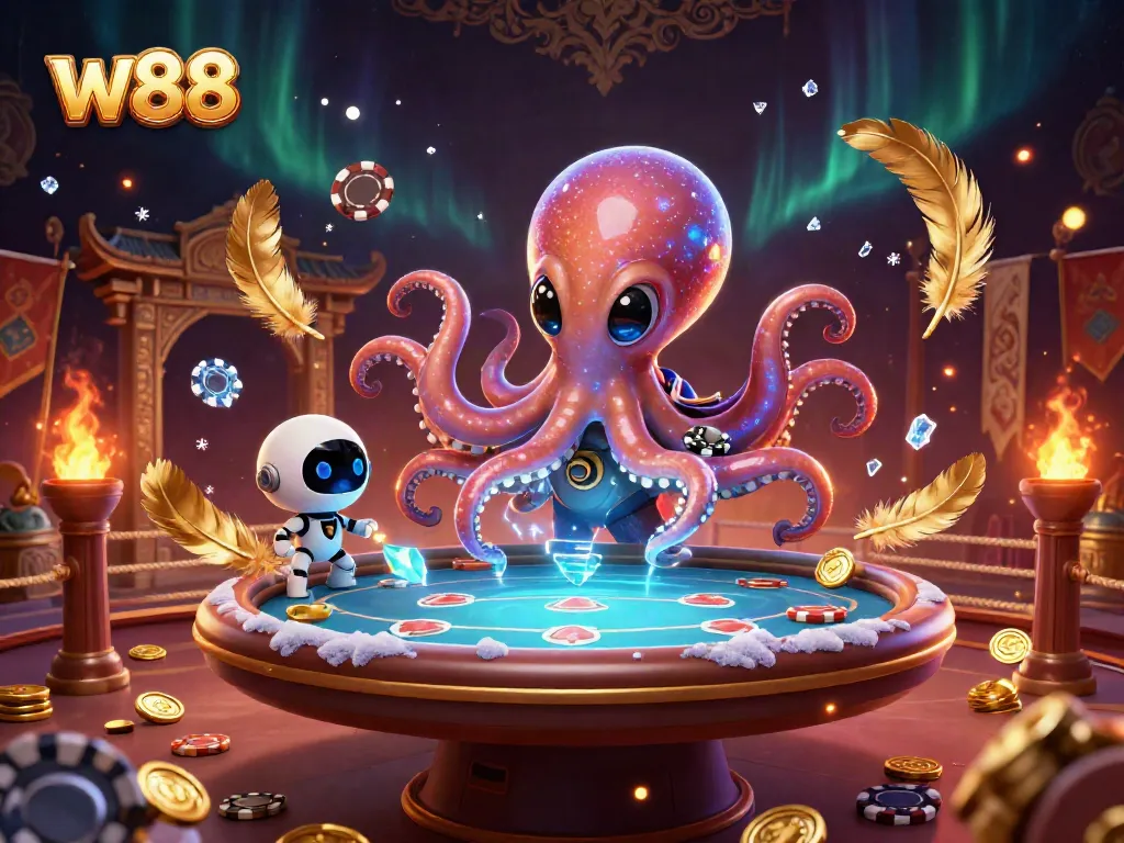 Experience the thrilling action of w88's casino games with a vibrant 3D scene featuring an alien octopus and poker elements.