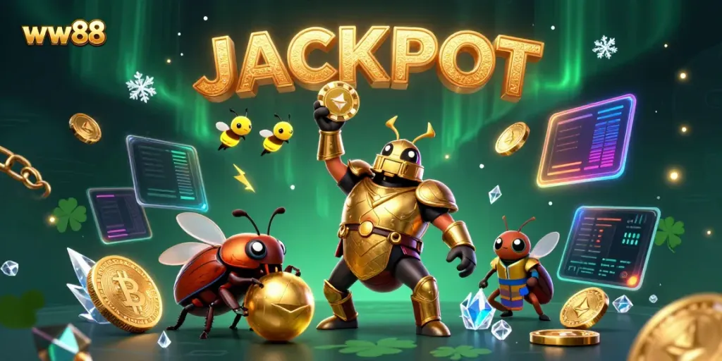 Experience the excitement of ww88 with a victorious gladiator beetle celebrating a jackpot in a vibrant casino scene.