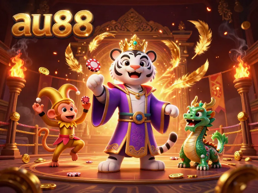 Experience the vibrant thrills of au88, featuring a white tiger and playful monkey in an energetic casino scene.