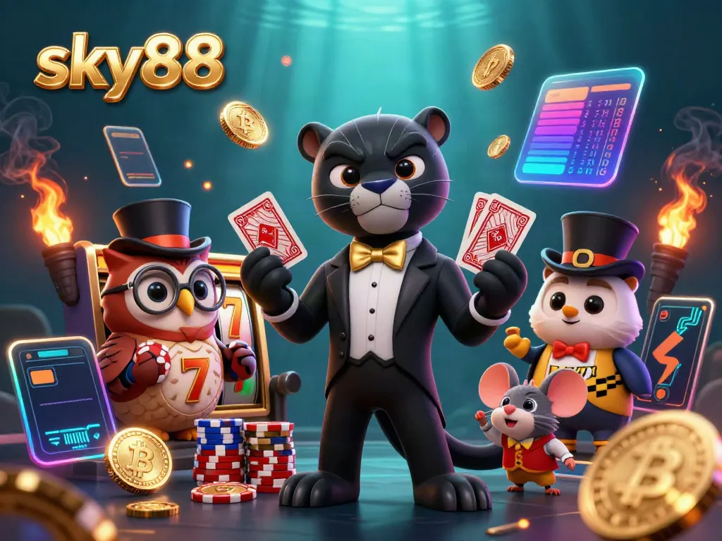 Experience the excitement of sky88 with dynamic characters and vibrant casino elements, showcasing thrilling gaming action.