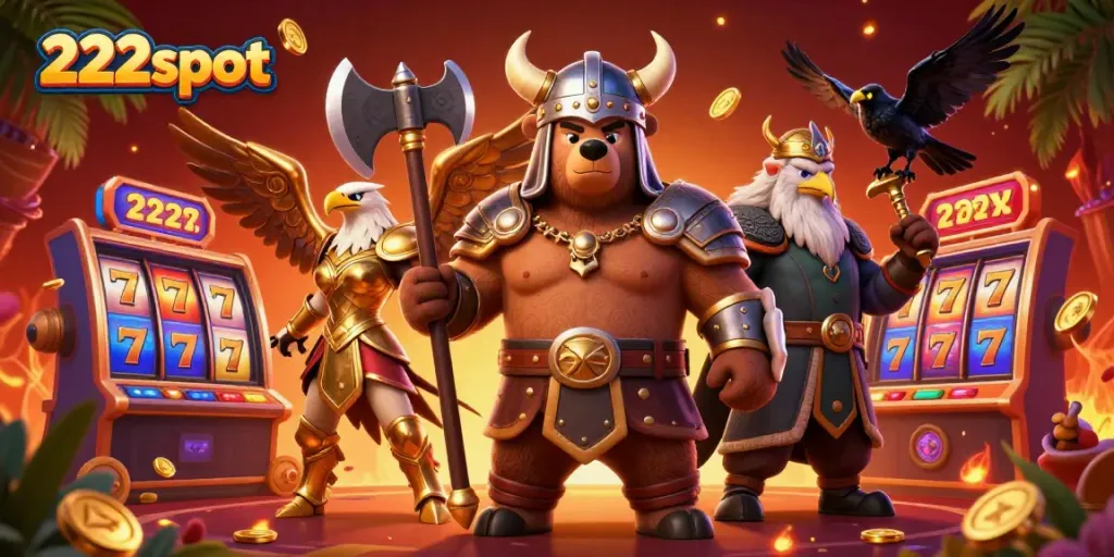 Bergembira dengan suasana kasino 222slot, slot jackpot bersinar dan karakter Viking.
