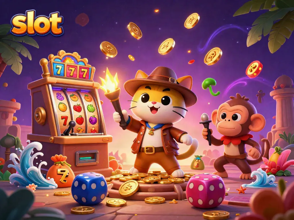 Explore thrilling slot adventures with a cartoon cat and monkey discovering hidden treasures.