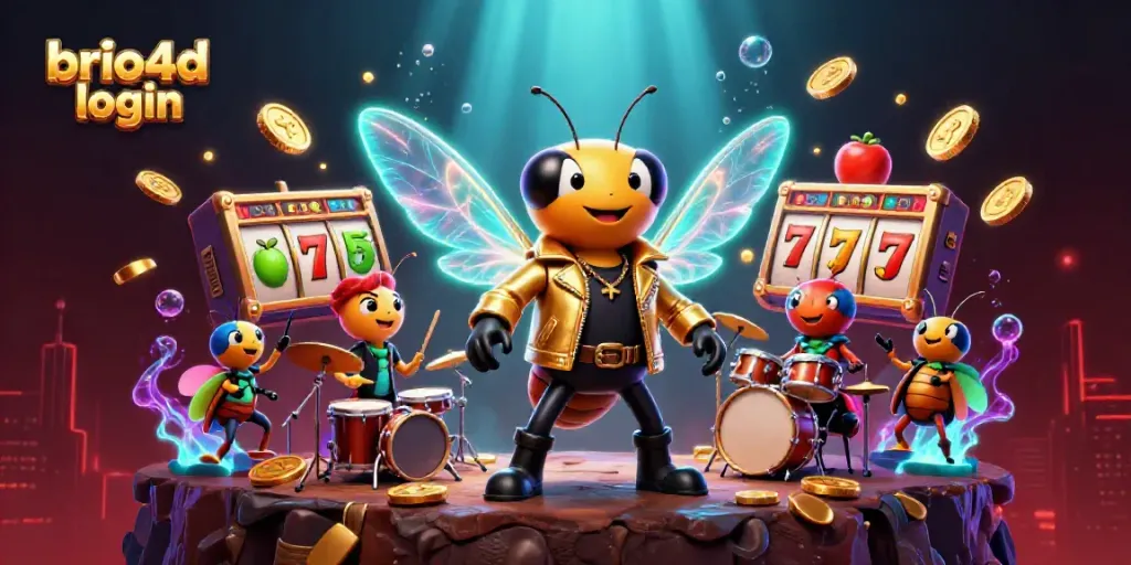 Engage with brio4d login illustrated via a vibrant casino scene featuring a rock star, drummer, and dynamic gaming symbols.
