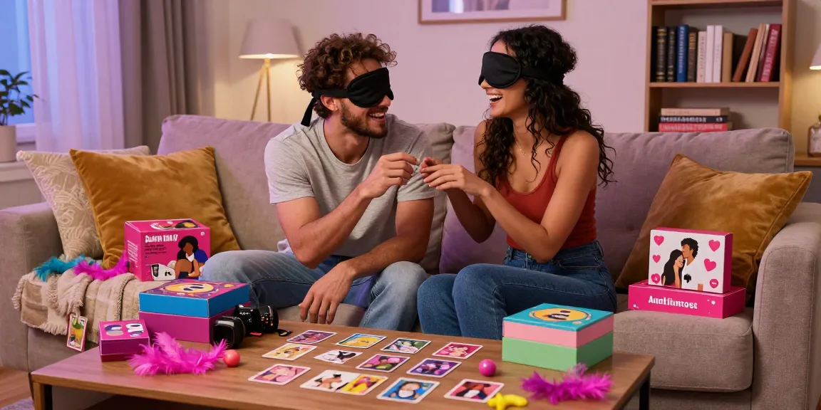 Enjoying playful interaction with colorful sex games in a cozy living room.