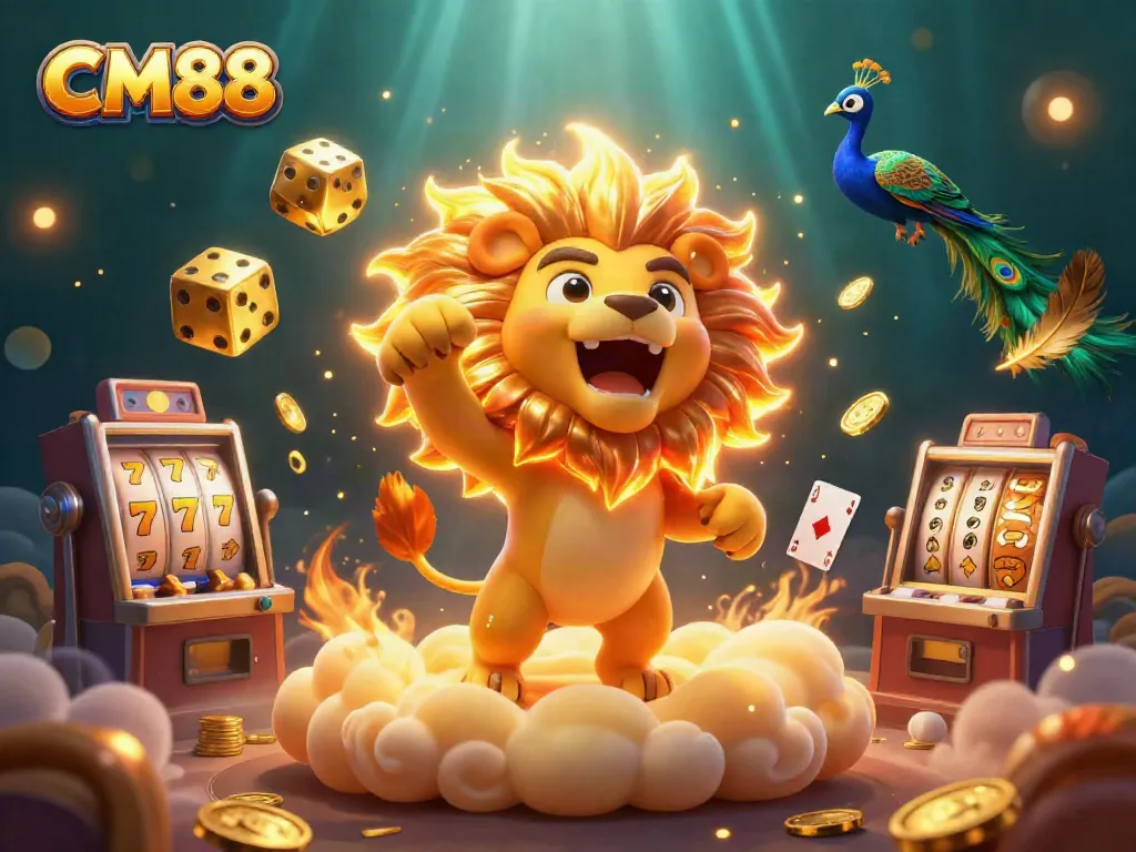 Experience thrilling gaming at CM88 with a roaring lion, golden dice, and vibrant casino elements.