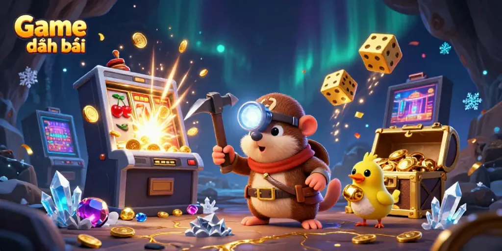 Experience thrilling Game đánh bài action with a treasure hunter mole amidst jackpots and casino elements.