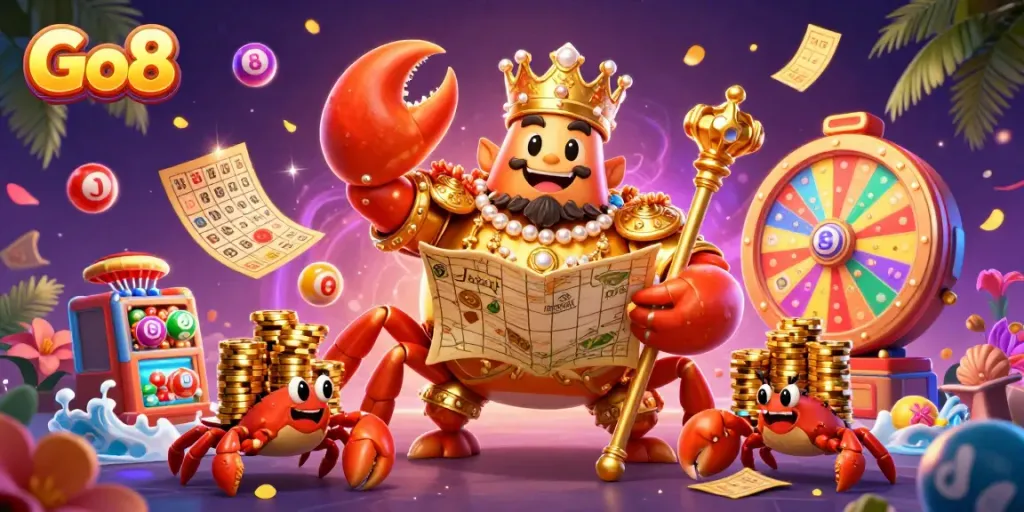 Engaging visual of Go8 casino scene with a golden crab emperor, lottery elements, and vibrant colors