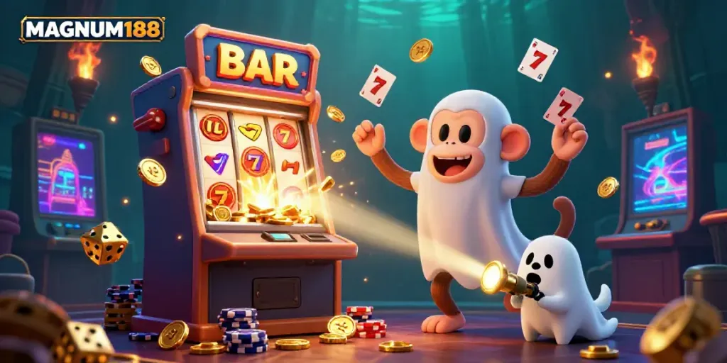 Experience laughter with MAGNUM188 as a spooky poltergeist monkey juggles gaming symbols in a lively casino.