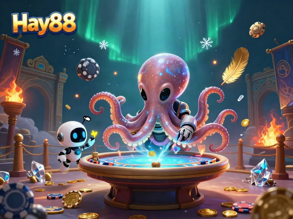 Engage with Hay88's vibrant alien octopus poker scene featuring holographic elements and cosmic effects.