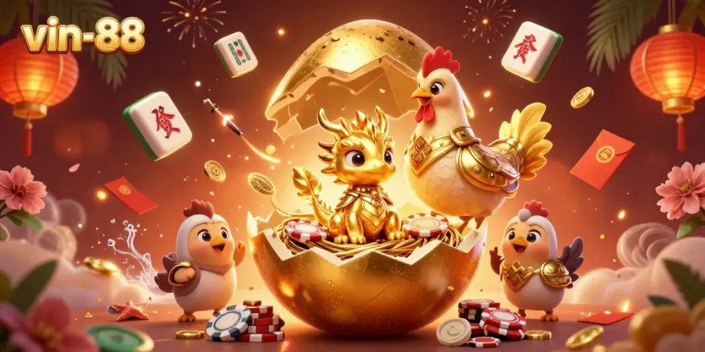 Experience the excitement of vin-88 with a golden dragon on poker chips in this captivating 3D illustration.