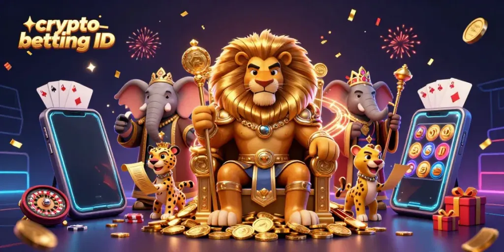 Engage with crypto betting ID through a vibrant 3D casino scene showcasing thrilling gaming elements.