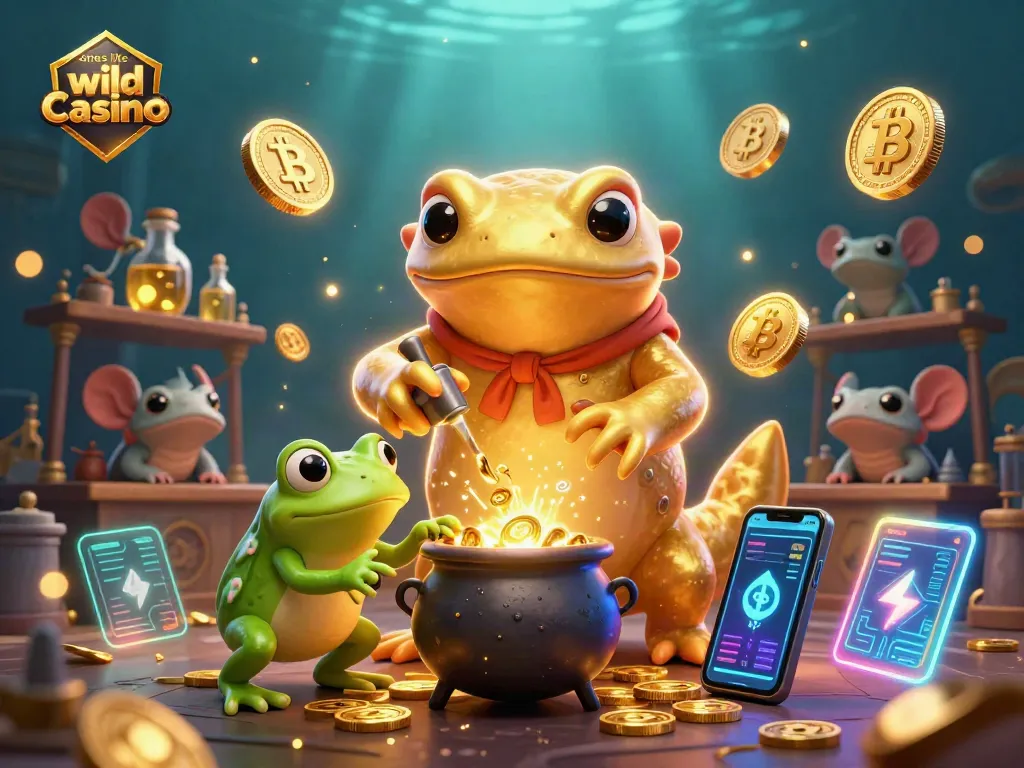 Engage with sites like wild casino illustrated in a vibrant 3D scene featuring a golden salamander alchemist.