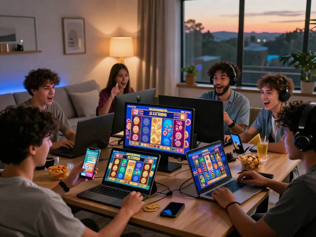 Exciting scene of players enjoying SLOT888 slot gacor maxwin on various devices in a cozy living room