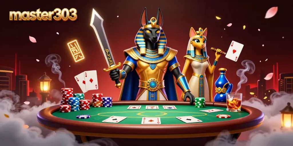 Master303 hadir dengan ilustrasi karakter Anubis dan Bastet dalam aksi permainan poker yang seru.