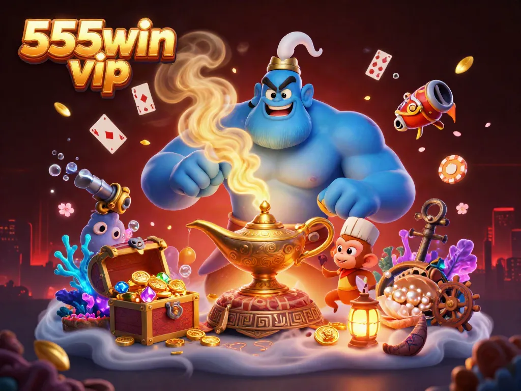 Experience the thrill of 555win vip as the genie grants riches amidst spinning poker chips.