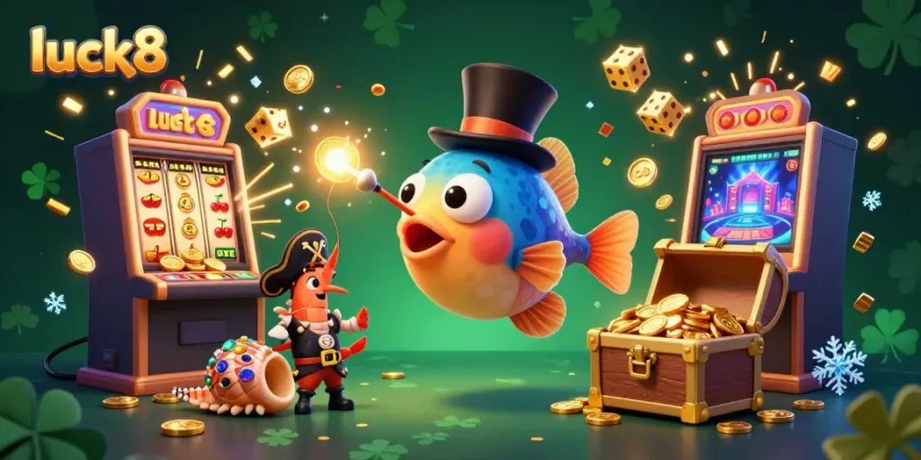 Experience the thrill of luck8 with a vibrant 3D casino scene featuring whimsical underwater characters and dynamic slot elements.