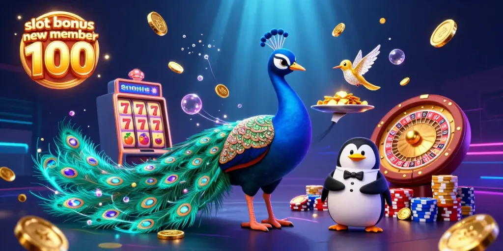 Experience thrilling wins with slot bonus new member 100, showcasing a vibrant casino scene.